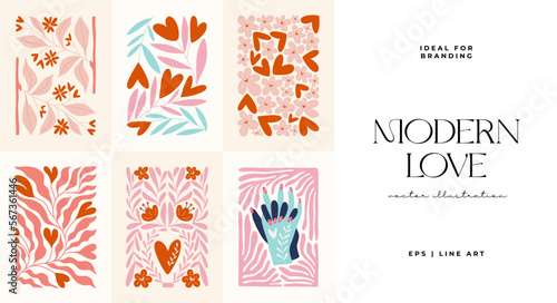 Modern Valentine's day vertical flyer or poster template. Love hand drawn trendy illustration.