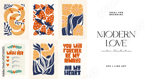 Modern Valentine's day vertical flyer or poster template. Love hand drawn trendy illustration.