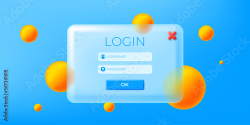 Login 3d glassmorphic form, template for website page.User profile username and password authentification glassmorphism frame. 