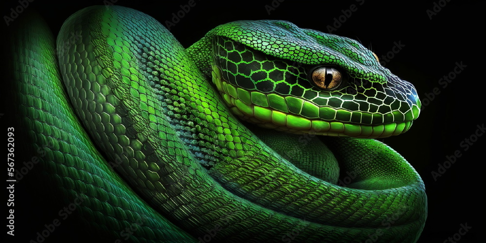 serpent vert sur fond noir - illustration ia serpent vert sur fond noir - illustration ia