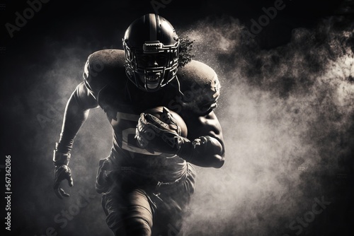 Running Back American Football Player Running Towards Camera With Smokey Dark Lit Setting photo