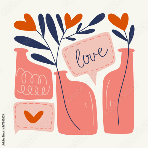 Modern Valentine's day vertical flyer or poster template. Love hand drawn trendy illustration.