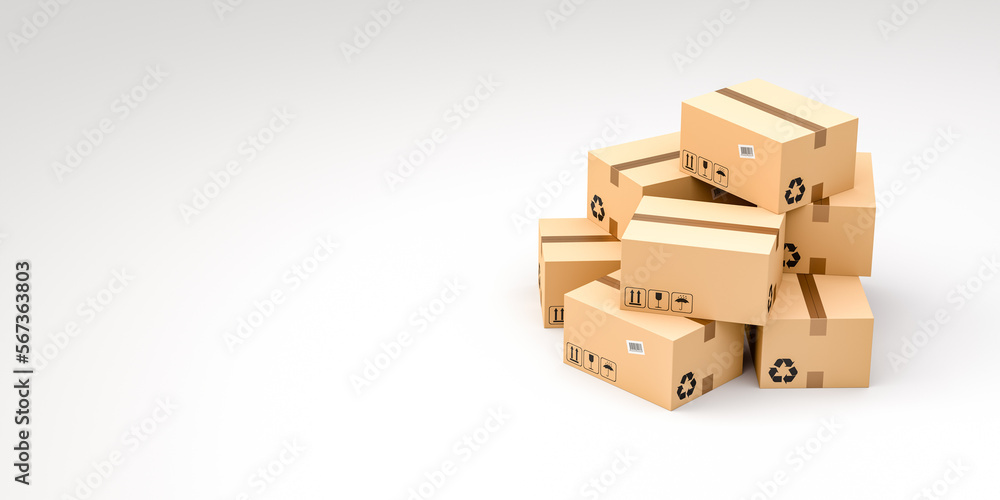 Cardboard boxes on white background with empty copy space on left side, logistics and delivery concept. 3D Rendering Cardboard boxes on white background with empty copy space on left side, logistics and delivery concept. 3D Rendering