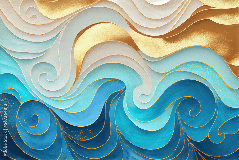 Sea waves pattern abstract background, blue and gold volumetric waves ...