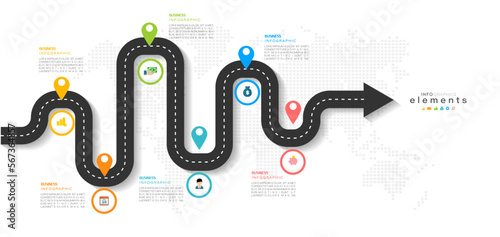 Navigation map infographic 6 steps timeline concept. Winding road. Vector illustration.