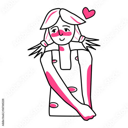 Young shy girl with emotion of love. Beloved teenager half body drawing, sweetheart tender mood female kid, amour affection adolescent flirting. Line art with pink spots.