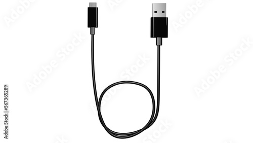 Black USB micro USB cable isolated on transparent background. Minimal concept. 3D render photo
