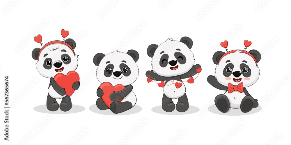 Set of cute cartoon pandas isolated on white.Panda with heart for your design Valentine's Day, birthday, Mother's Day, wedding.Vector illustration Set of cute cartoon pandas isolated on white.Panda with heart for your design Valentine's Day, birthday, Mother's Day, wedding.Vector illustration