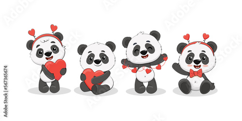 Fototapeta Naklejka Na Ścianę i Meble -  Set of cute cartoon pandas isolated on white.Panda with heart for your design Valentine's Day, birthday, Mother's Day, wedding.Vector illustration