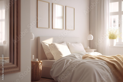 Cozy Home Interior - Frame in Bedroom with Light Pastel Colors 4. Generative AI. © NormanBalberan