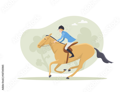 Horseback rider in nature  walk in summer. Flat vector illustration