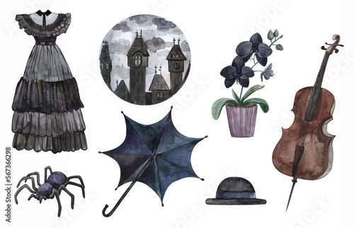 A set of mystical watercolor illustrations, black dress, spider, stained glass window, cello,black orchid,black hat, rainy Europe, isolated elements on a white background,Wednesday
