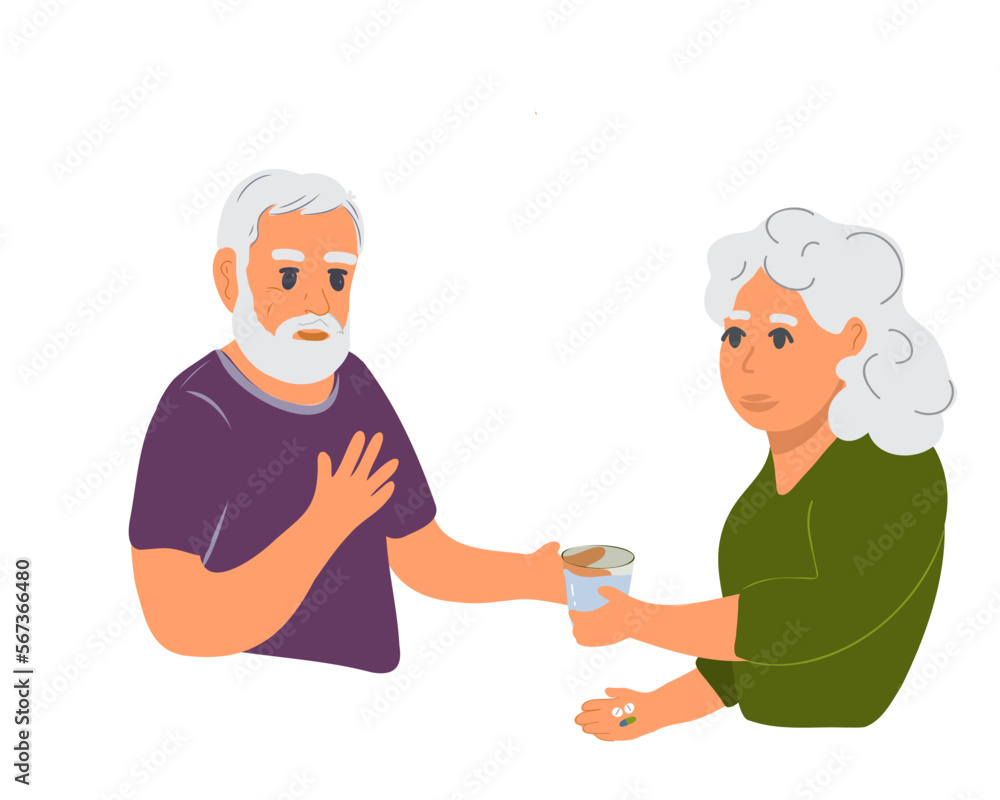 An elderly woman gives pills with a glass of water to an elderly man. An old married couple taking care of each other. Flat vector illustration An elderly woman gives pills with a glass of water to an elderly man. An old married couple taking care of each other. Flat vector illustration