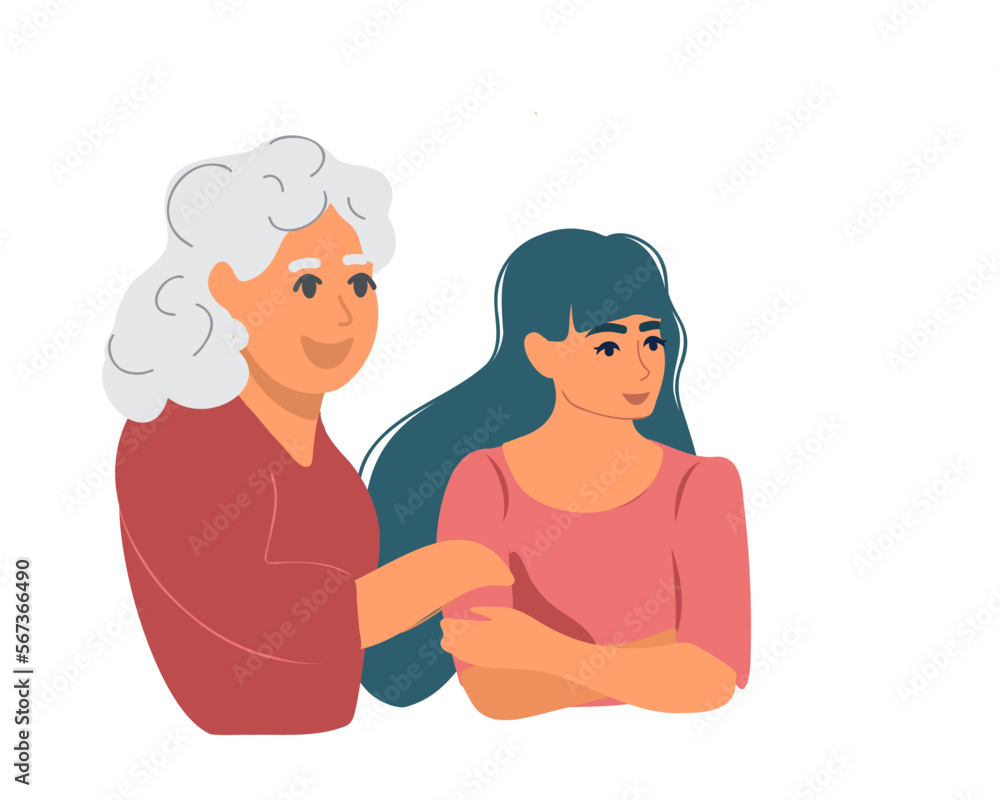 Obraz premium Old woman hugging young, grandmother and granddaughter, vector illustration