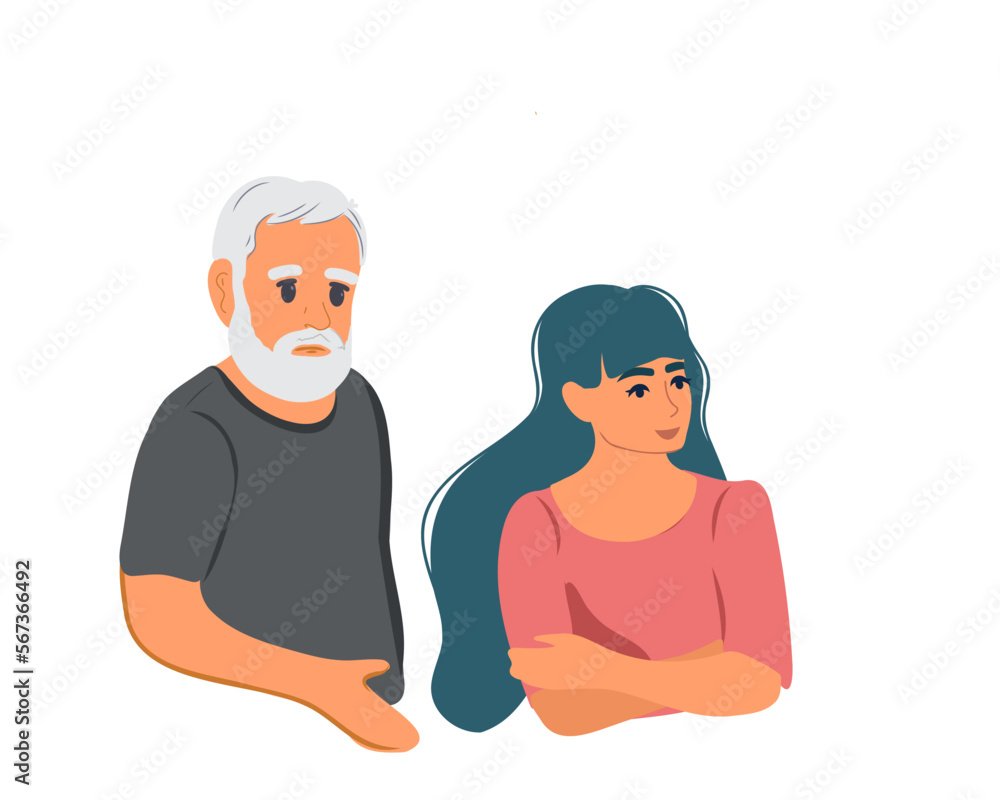 An elderly man talking to an offended teenage girl, grandfather and granddaughter, vector in cartoon style. An elderly man talking to an offended teenage girl, grandfather and granddaughter, vector in cartoon style.