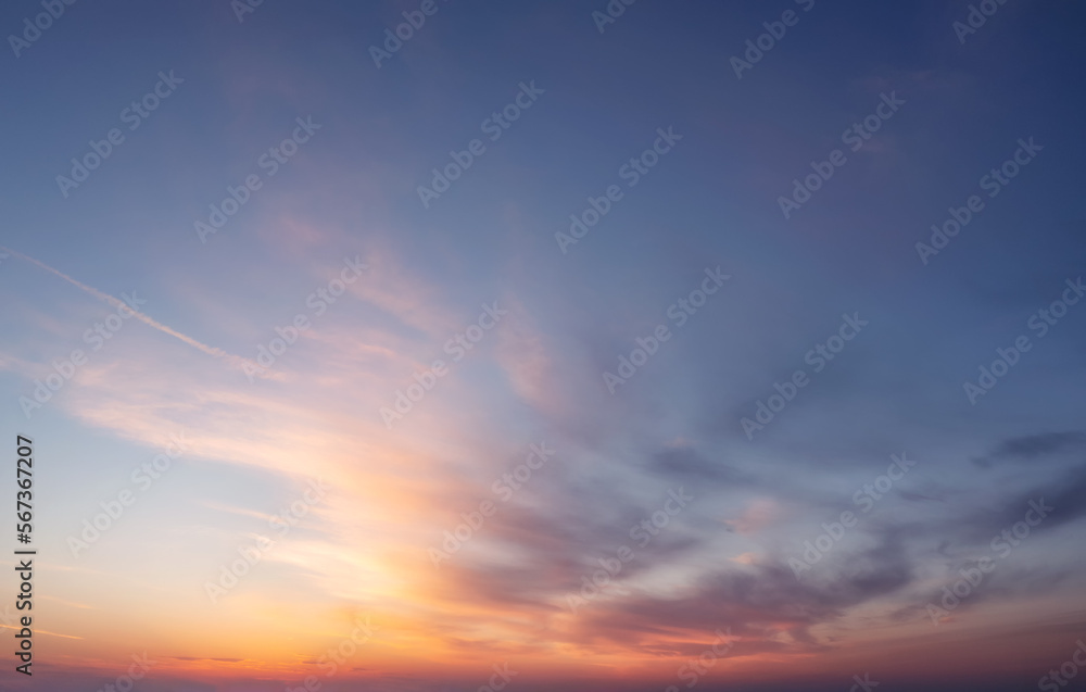 Beautiful sky with clouds during sunset or sunrise. Panoramic skyscape.