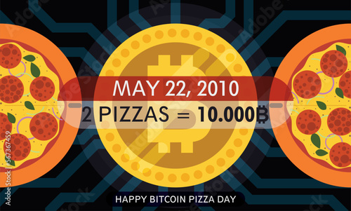 Pizzas, Bitcoin Coin and Electronic Background for Bitcoin Pizza Day, Vector Illustration
