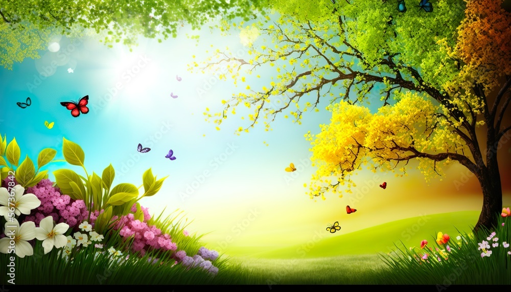 Sunny spring landscape background. Created with Generative AI.