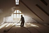 Spraying cellulose insulation in the attic of a house. Insulation of the attic or floor in the house. Generative AI