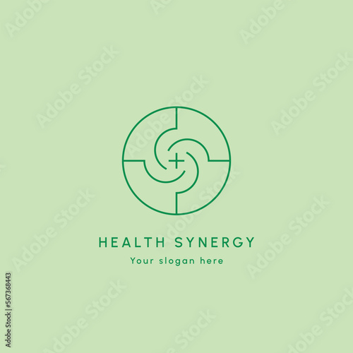 Medical synergy logo design illustration. Health linear creative spin symbol. Clean modern minimalist lines vector. Isolated background.