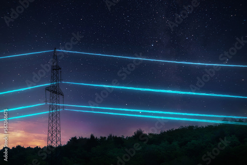 Canvastavla Electric transmission tower with glowing wires against the starry sky background