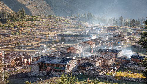Tableau sur toile View of Shayala village stone houses, located at the foot of Kutang Himal mounta