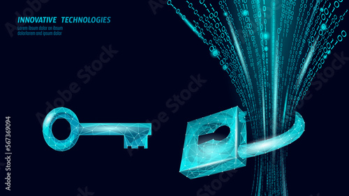 Cyber safety padlock on data mass. Internet security lock information privacy low poly polygonal future innovation technology network business concept blue vector illustration