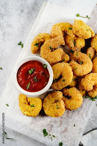 Картината върху платно Homemade Popcorn shrimps breaded with cornmeal | Game day appetizer, selective f