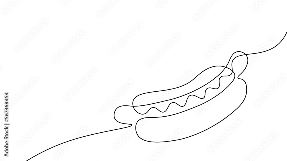One line continuous hot dog fast food symbol concept. Silhouette of buns with sausage and mustard unhealthy snack. Digital white single line sketch drawing vector illustration One line continuous hot dog fast food symbol concept. Silhouette of buns with sausage and mustard unhealthy snack. Digital white single line sketch drawing vector illustration