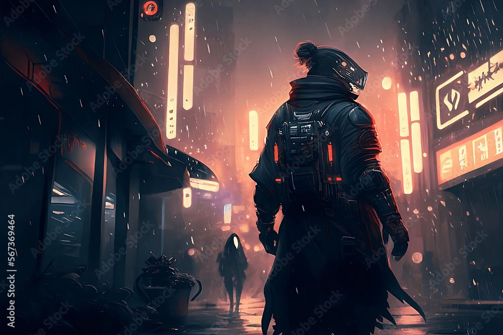Sci fi Ronin on a street with blurred neon lights at night. generative ai Sci fi Ronin on a street with blurred neon lights at night. generative ai