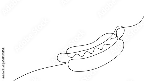 One line continuous hot dog fast food symbol concept. Silhouette of buns with sausage and mustard unhealthy snack. Digital white single line sketch drawing vector illustration