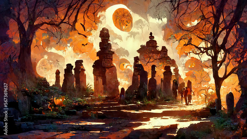 Mayan style halloween theme pumpkins ghosts in the dark night illustration Generative AI Content by Midjourney