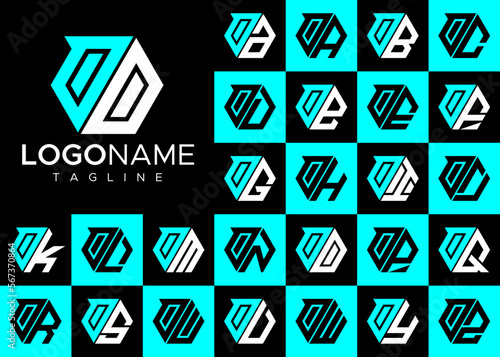 Set of modern line hexagon initial O OO letter logo design