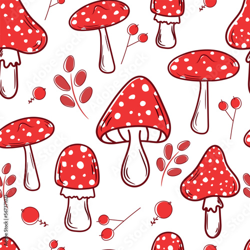Amanita red mushroom seamless pattern.Vector hand drawing doodle cartoon illustration design.Amanita mushroom seamless pattern,doodle,hand drawing,nature,wallpaper,autumn,forest,fall vector