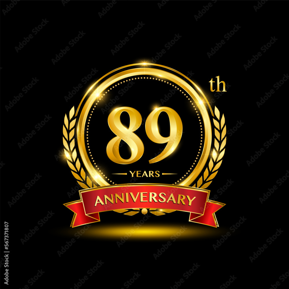 89th Anniversary logo. Golden anniversary logo design with laurel wreath and red ribbon. Logo Vector Illustration 89th Anniversary logo. Golden anniversary logo design with laurel wreath and red ribbon. Logo Vector Illustration