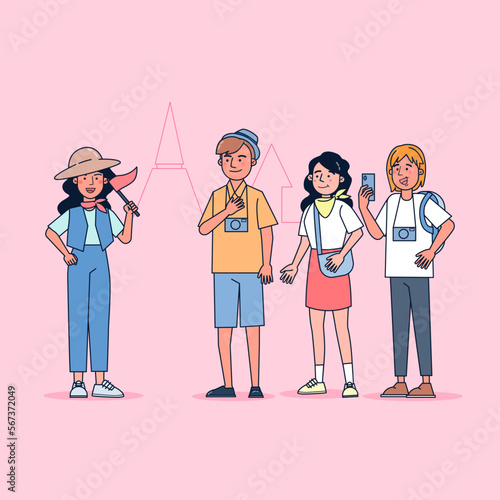 Character collection of tourist big set isolated flat vector illustration wearing professional uniform, cartoon style on tourist guiding theme