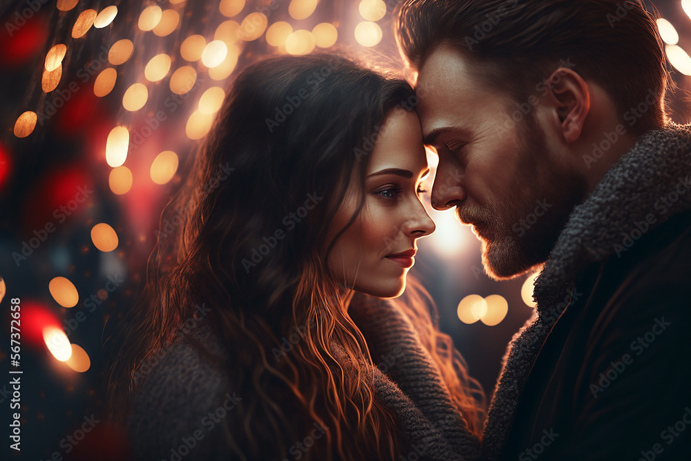 Young couple on Valentines Day hugs against a background of glowing garlands.. Generative AI