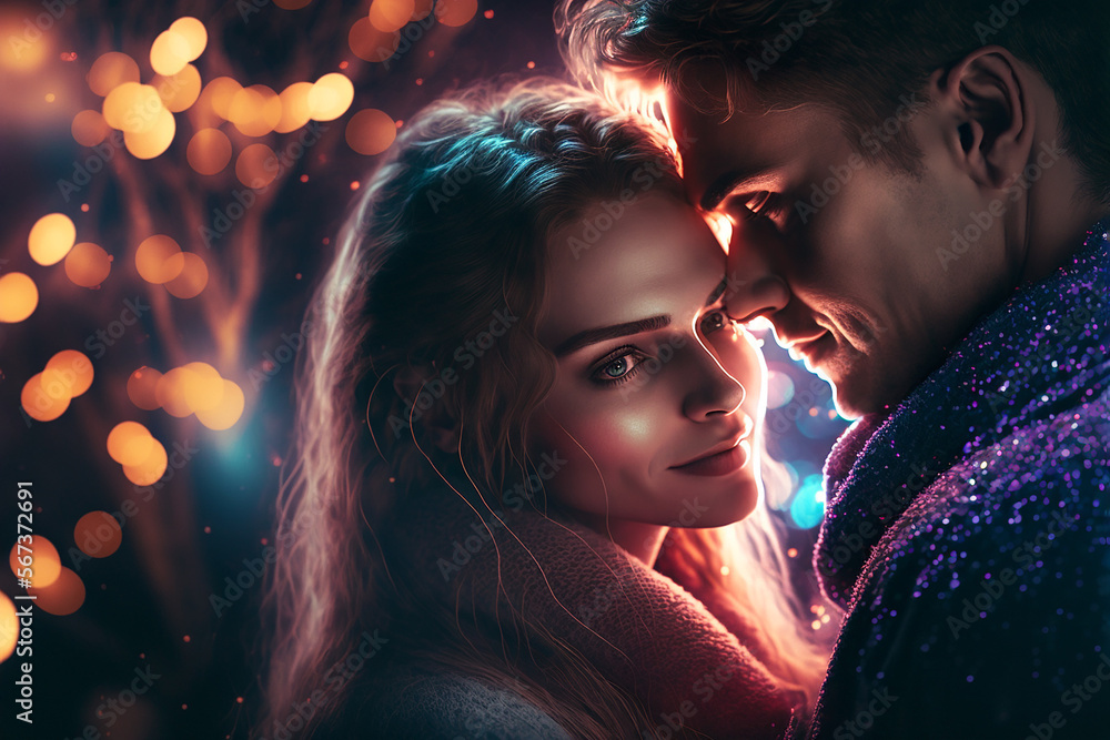 Young couple on Valentines Day hugs against a background of glowing garlands.. Generative AI Young couple on Valentines Day hugs against a background of glowing garlands.. Generative AI