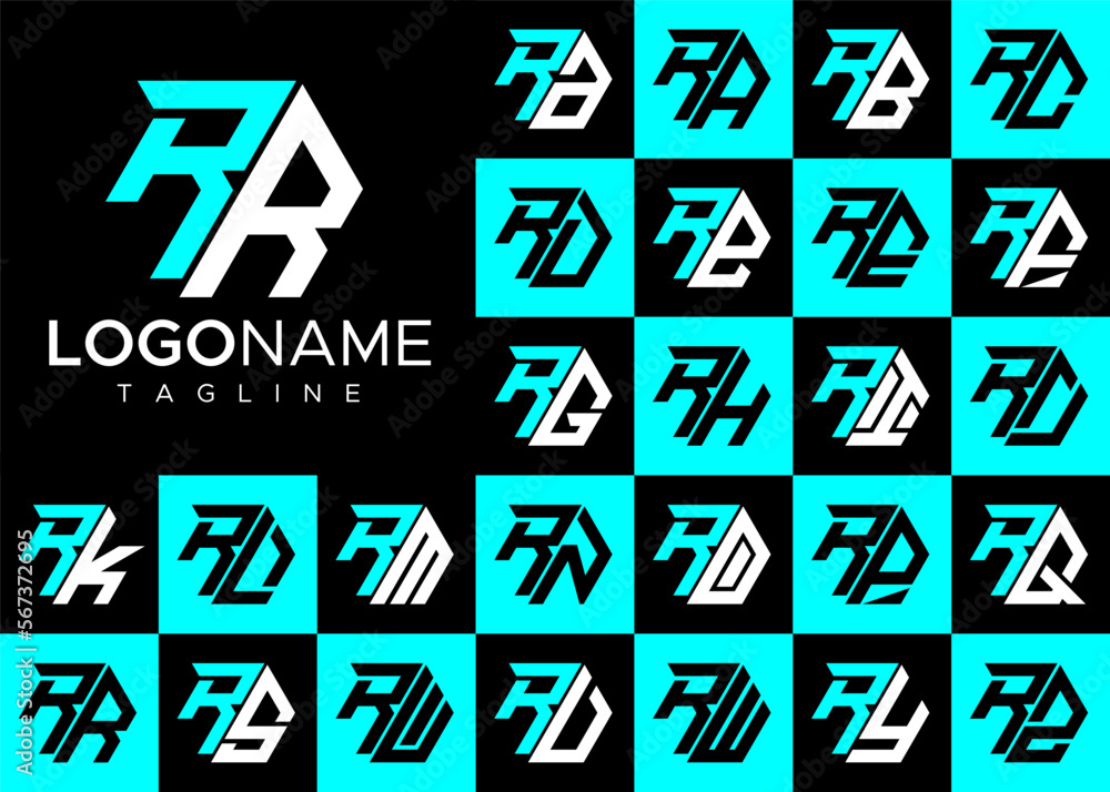 Set of modern line hexagon initial R RR letter logo design