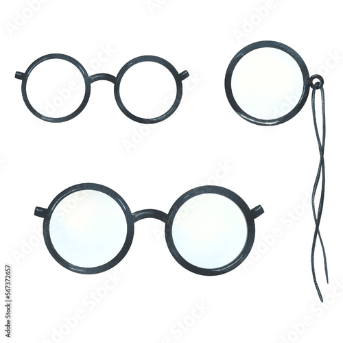 Round glasses in a black frame with transparent glasses and pince-nez in a black frame with a lace. Watercolor illustration. Isolated objects from the VETERINARY collection. For decoration and design.