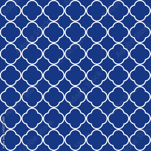 Morocco background of geometric islamic trellis pattern in blue with white outline