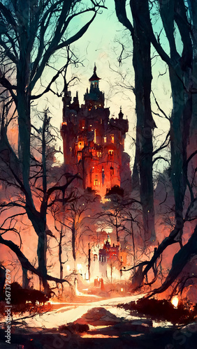 halloween forest theme ghost castle night illustration Generative AI Content by Midjourney