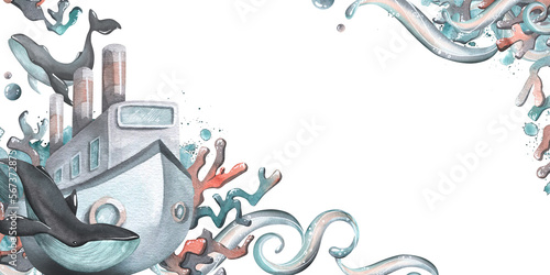 A steamer with whales, corals and splashes of water. Watercolor illustration. Template from the collection of WHALES. For the design and decoration of prints, stickers, posters, cards, postcards.