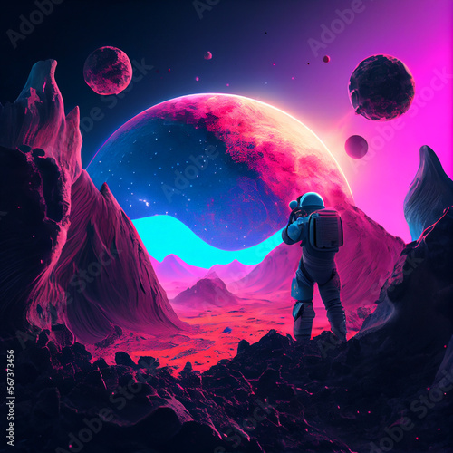 3D illustration of science fiction scene showing astronaut viewing space and planets from mountain surrounded by asteroids in space. Retrowave. Generative Ai.