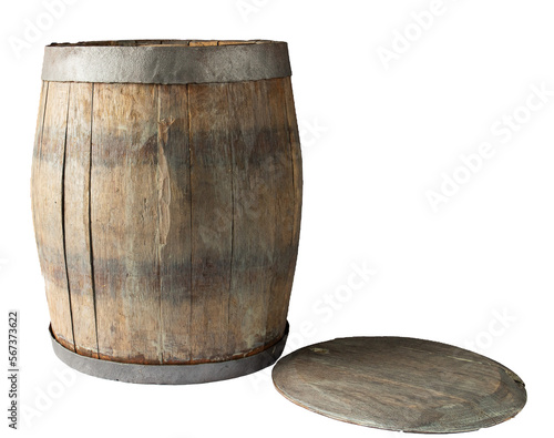 Old oak wine barrel and lid. Isolate on white background