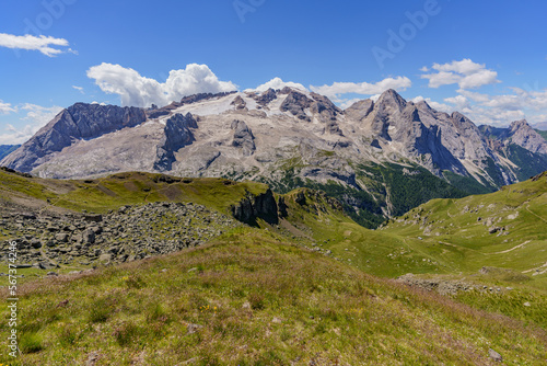 View of the mountain Marmolada in Italy, covered with snow and glaciers