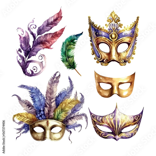 Composition for Mardi Gras. Group of traditional objects. Mask, beads and feathers. Hand drawn watercolor illustration on white background