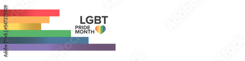 Happy pride month horizontal banner with pride color striped ribbon flag isolated on white background. LGBT Pride month or pride day poster, flyer, invitation party card modern style design template.