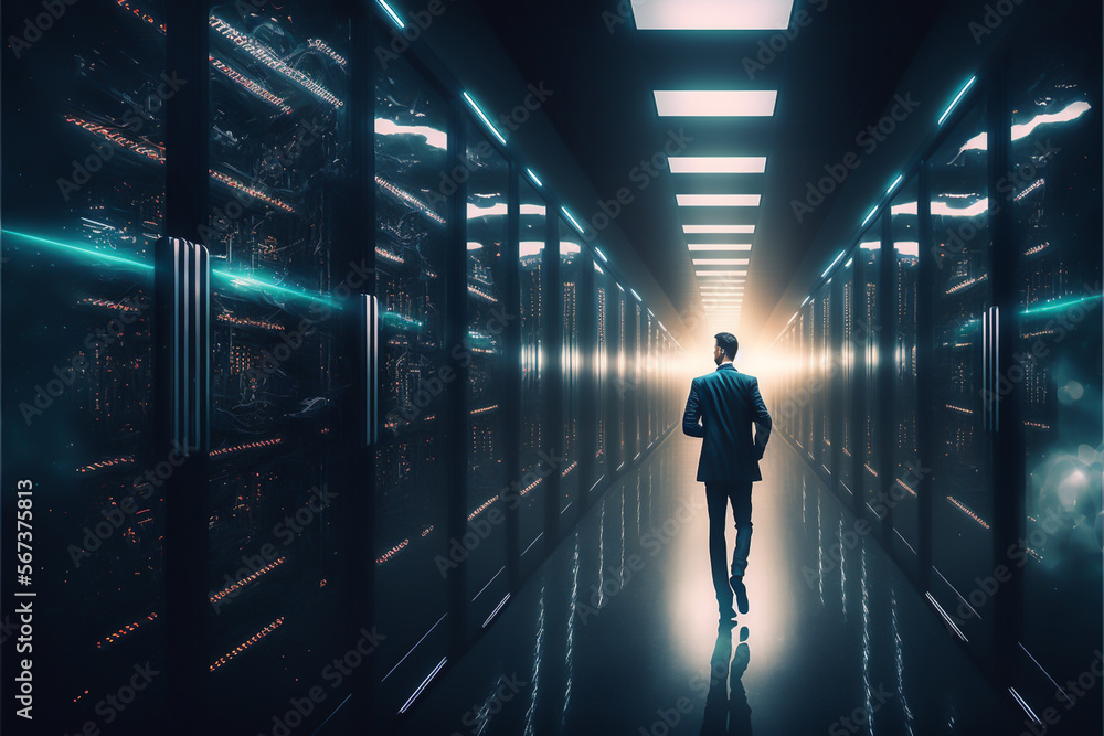 Businessman in the modern data center reveals an array of powerful servers, supercomputers, connected by high-speed cables. Technology for storage, processing of large amount data. generative ai Businessman in the modern data center reveals an array of powerful servers, supercomputers, connected by high-speed cables. Technology for storage, processing of large amount data. generative ai
