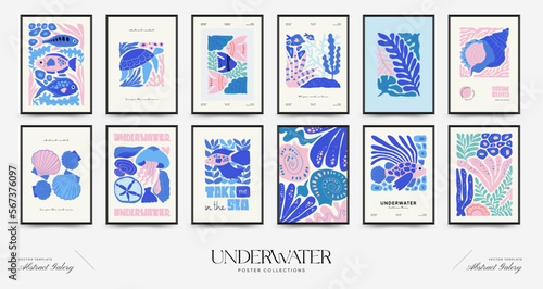 Underwater world, ocean, sea, fish and shells vertical flyer or poster template. Modern trendy Matisse minimal style. Hand drawn design for wallpaper, wall decor, print, postcard, cover, template